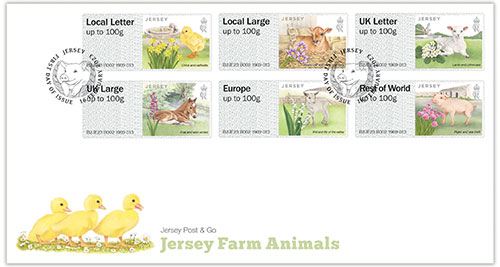 First Day Cover <br>
The Post & Go set of stamps on Jersey farm animals and local flora <br>
Client: Jersey Post <br>